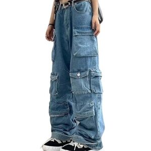 Impulsive Loose wide-leg women's streetwear multiple-pockets cargo‎ jeans, XXXL